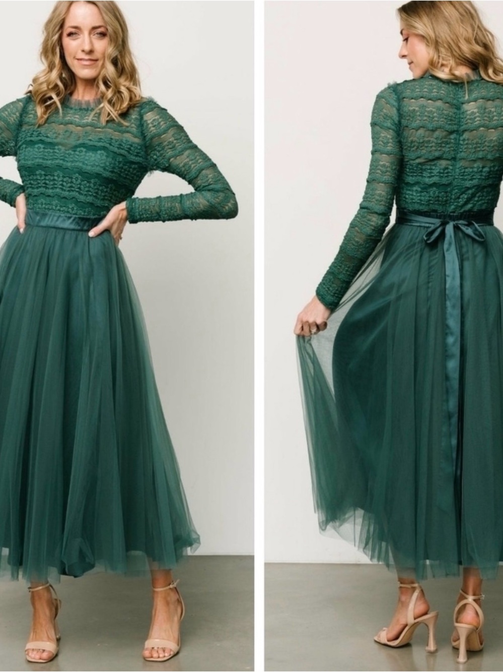 Baltic Born Emerald Green Long Sleeve Lace & Tulle Midi Dress